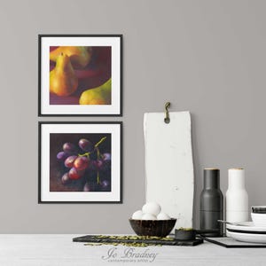 Discount on 2 or more archival giclee fine art prints. Create a gallery wall set of 2 food art prints on paper of my oil paintings for your modern farmhouse kitchen wall. Square art prints of fruit still life 4x4 5x5 6x6 8x8 10x10 12x12 inch