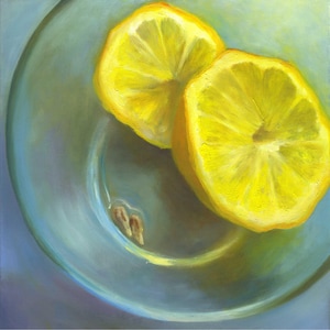 Lemon Art Print on heavy archival paper. Square fruit still life oil painting for aqua kitchen wall decor. 4x4 5x5 6x6 8x8 10x10 12x12 inch