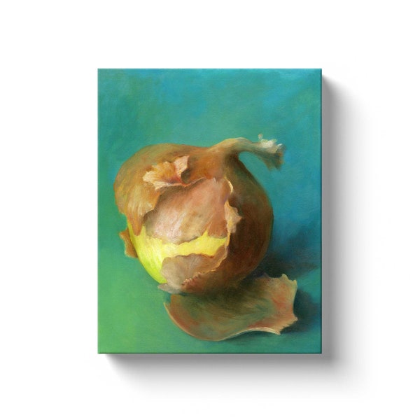 Canvas Art Print of yellow onion oil painting 5x7 8x10 11x14 12x16 by 1 inch deep. Fall vegetable, realism still life for teal kitchen decor