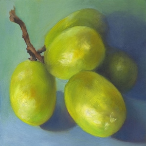 Impression d'art raisins verts, 4 x 4 à 12 x 12 pouces sur papier d'archives. Peinture carrée réaliste de fruits pour une décoration murale de cuisine aquatique ou un bar à vin à la maison