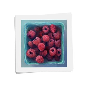 Fresh soft pink raspberries in a turquoise blue berry box from the farmers market. Seen from above to focus on the summer fruit. Square art print on archival fine art paper of my lifelike oil painting food still life. 4x4 5x5 6x6 8x8 10x10 12x12 inch