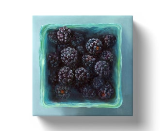 Fruit art print of blackberry oil painting. Fall themed decor. Square canvas art 6x6 8x8 10x10 12x12. Food still life for kitchen wall decor