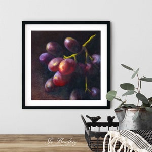 A modern fruit art print in a simple elegant picture frame on a country farmhouse dining room or living room wall. Square art print on archival fine art paper of traditional realistic food oil painting 4x4 5x5 6x6 8x8 10x10 12x12 inch