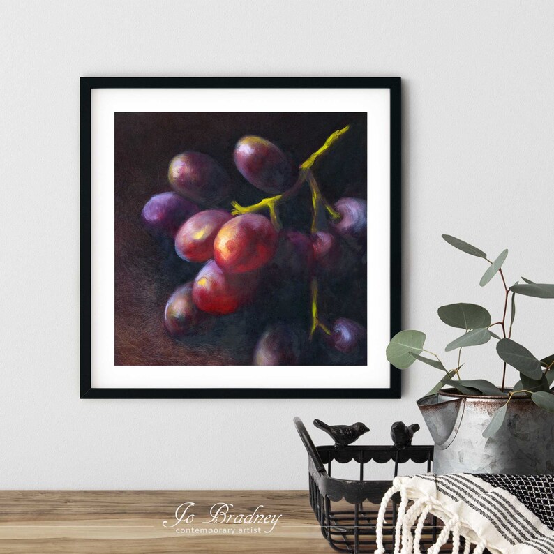 A modern fruit art print in a simple elegant picture frame on a country farmhouse dining room or living room wall. Square art print on archival fine art paper of traditional realistic food oil painting 4x4 5x5 6x6 8x8 10x10 12x12 inch