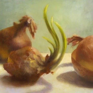 Impression d'art originale d'oignons - peinture de légumes de cuisine moderne au format carré de 4 x 4 à 12 x 12 pouces sur du papier de qualité supérieure pour mur de la salle à manger