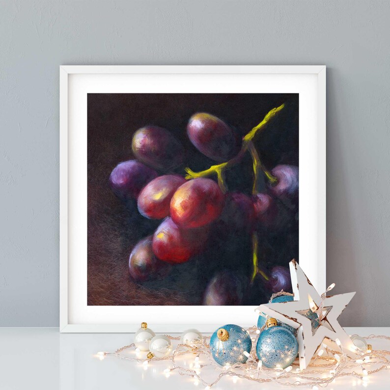 Square Fruit Art Print. Dark Still Life Oil Painting of Purple Grapes for Kitchen and Dining Room 4x4 to 12x12 inch on fine art paper afbeelding 13