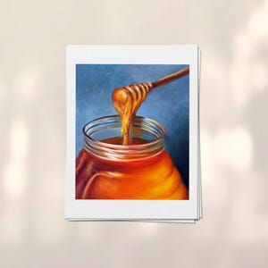 Sweet Honey Print on Fine Art Paper. Modern Oil Painting Food Still Life for Colorful Kitchen or Breakfast Nook Wall Decor. 5x7 - 11x14 inch