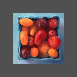 Cherry Tomato Print on fine art paper 4x4 5x5 6x6 8x8 10x10 12x12. Food oil painting of vegetable still life. Small square kitchen wall art