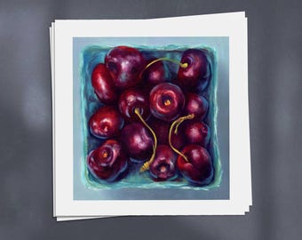 Cherry Still Life Art Print of Summer Fruit Painting : Square Kitchen Wall Decor (4x4 to 12x12 inch)
