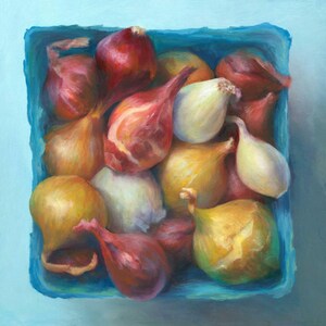Impression d'art végétal sur papier d'archives pour décoration de cuisine de ferme moderne de peinture réaliste à l'oignon du marché de producteurs. Carré 4 x 4 - 12 x 12 pouces
