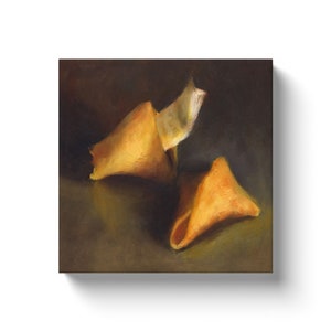 Canvas Print of Fortune Cookie Art, 6x6 - 12x12 inch. Quirky Wedding Gift or Housewarming Present for Odd Couple. Dark Food Painting
