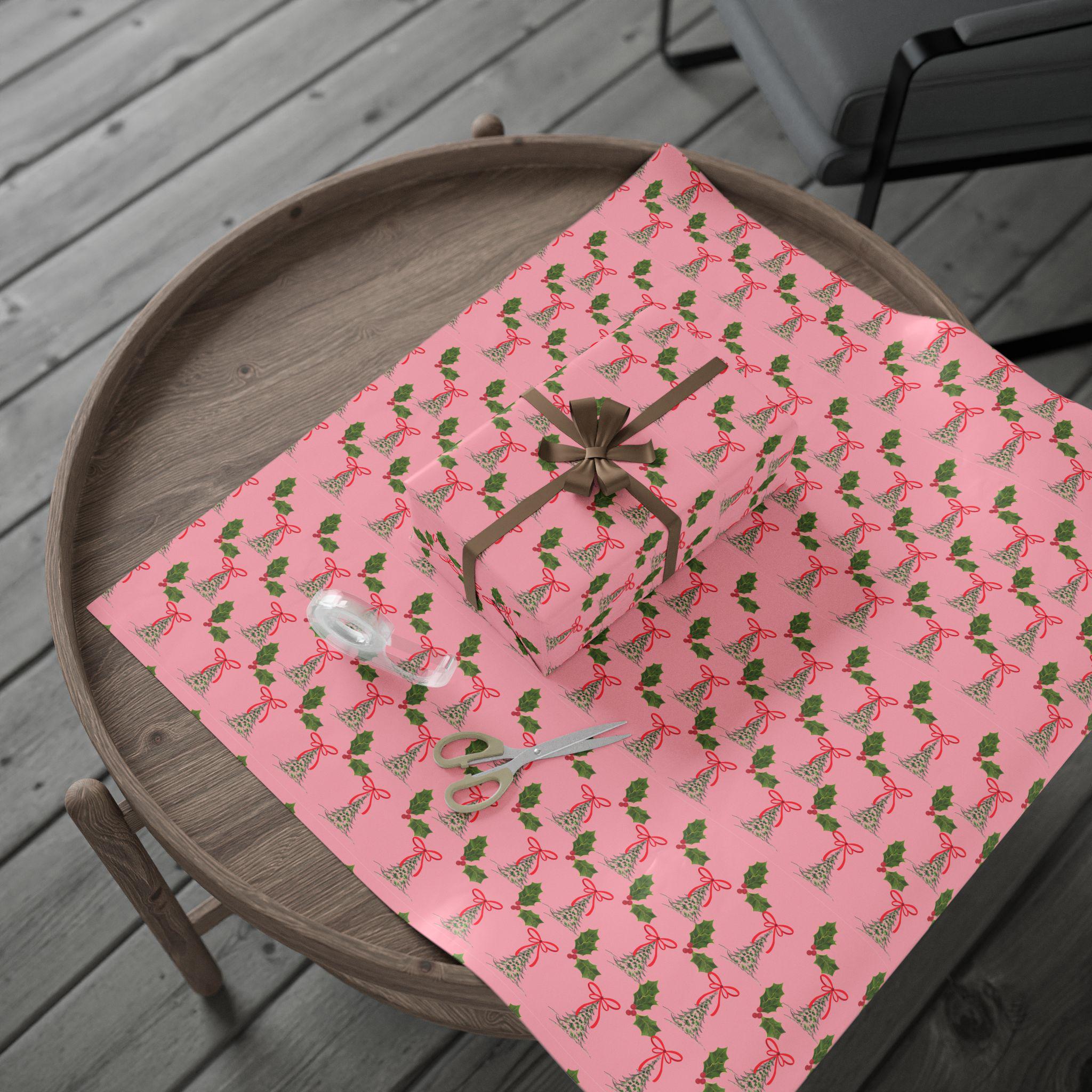 Christmas Wrapping Paper, Holiday Gift Wrap, Festive Pink Design, Green ...