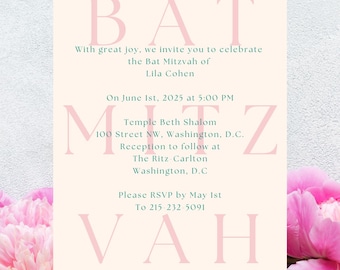 Custom Bat Mitzvah Invitation - Elegant Digital Template, Instant Download, Editable