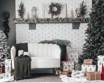 7x5ft Christmas Pink Backdrop Photography Vintage Fireplace Christmas Tree Garland Gift Box Girl Princess Photo Background Banner Props Photo Booths - View #4