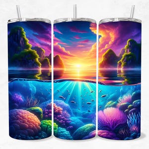 Vibrant Coral Reef at Sunset 20 oz Skinny Tumbler Wrap Design, sublimation design, digital download
