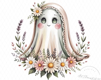 Fantasma floreale Cottagecore di Halloween in formato PNG, Fantasma Boo stravagante in sublimazione, Fantasma dal design rustico autunnale, Fantasma pastello morbido in formato PNG per Halloween