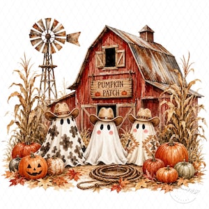 Western Ghost Pumpkin Patch PNG, Cute Halloween Ghosts Sublimation Design, Cowgirl Fall Farmhouse PNG, Autumn Barn Ghost Clipart