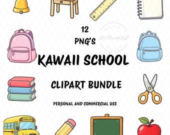 Paquete de imágenes prediseñadas escolares kawaii, aula linda PNG, autobús escolar, lápiz, cuaderno, pizarra, globo terráqueo, manzana, mochila, descarga digital