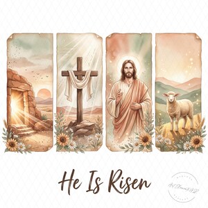 Könnte beinhalten: Vier Aquarellillustrationen mit religiösen Themen. Darstellungen umfassen ein leeres Grab mit Sonnenlicht, ein Holzkreuz mit einem drapierten Tuch, Jesus mit Heiligenschein und ein Lamm. Der Satz "He Is Risen" steht unten.
