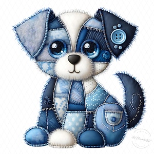 Può includere: Illustrazione di un adorabile cucciolo patchwork nei toni del blu e del bianco. Il cane presenta grandi occhi blu espressivi, un naso nero e un dettaglio a bottone. Il design incorpora vari modelli di tessuto, creando un'estetica stravagante e artigianale.