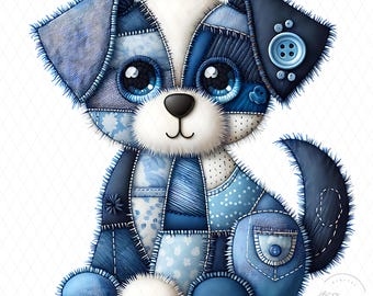 Perro de retazos de mezclilla PNG, diseño de sublimación de cachorro lindo, descarga digital de perro de mezclilla, diseño de camiseta de perro estilo western