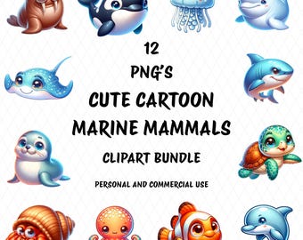 Paquete de imágenes prediseñadas de mamíferos marinos de dibujos animados, 12 PNG transparentes de alta calidad, imprimibles, para uso personal y comercial, descarga digital
