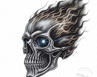 Flaming Skull PNG, Fiery Skeleton Head Illustration, Gothic Biker Skull Digital Download, Rock Metal Tattoo Style Sublimation Design