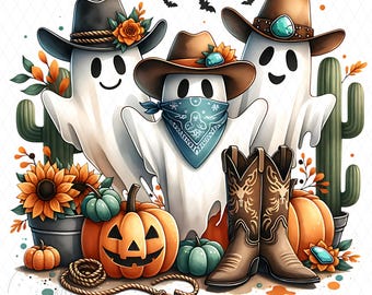 Western Cowboy Ghost Trio PNG, Rustic Halloween Ghosts With Cowboy Hats, Country Spooky PNG, Farmhouse Sublimation Design, Digital Download