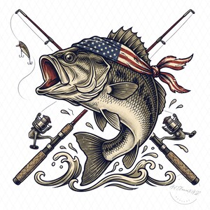 May include: An illustration of a largemouth bass wearing a bandana with the American flag design. Two fishing rods are crossed behind the fish, with a lure and water splashes. The fish has an open mouth, and the overall design has a vintage feel.