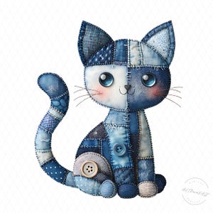 May include: A whimsical, patchwork cat in shades of blue and white. The cat is made of various denim fabrics, with button accents and embroidered details. It has large, blue eyes and a sweet expression, perfect for a nursery or child's room.