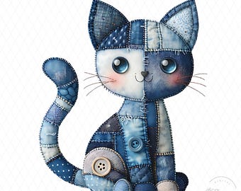 Gatto patchwork in denim PNG, simpatico design a sublimazione di gattino, download digitale di gatto in jeans, design per maglietta con gatto western