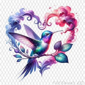May include: A vibrant hummingbird with iridescent green, blue, and purple feathers perches on a branch with green leaves. The bird is surrounded by a heart-shaped swirl of pink and purple clouds.