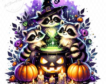 アライグマのハロウィンPNG、いたずら好きなアライグマのカボチャ大釜フォークアート昇華デザイン、ヴィンテージの気まぐれなアライグマPNG、秋の動物PNG
