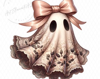 Lace Ghost PNG, Dusty Rose Bow, Cute Halloween Ghost, Whimsical Vintage Style, Trending Fall Aesthetic, Sublimation PNG, Digital Download