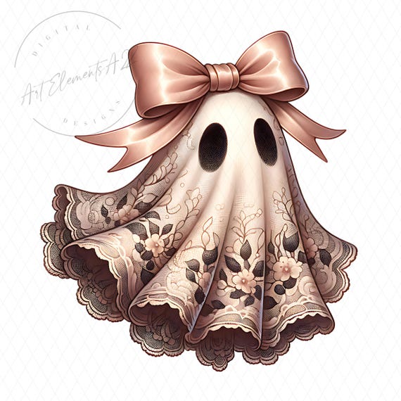 Lace Ghost PNG, Dusty Rose Bow, Cute Halloween Ghost, Whimsical Vintage Style, Trending Fall Aesthetic, Sublimation PNG, Digital Download