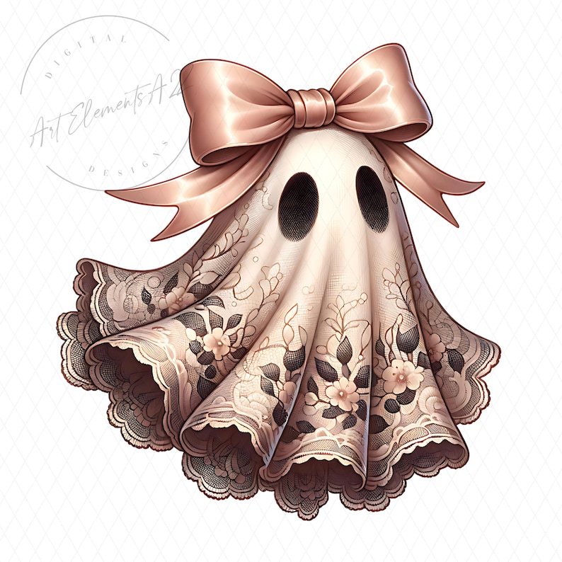May include: A whimsical illustration of a ghost with a blush pink bow. The ghost is draped in a cream-colored fabric with a delicate floral lace design. The ghost has two large, black oval eyes.