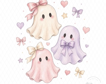 May include: A digital illustration featuring three ghosts in cream, lavender, and pink, each adorned with a bow. The ghosts have black oval eyes and pink cheeks. The composition includes small hearts, stars, and bows in pastel colors, with the text Art Elements A22 in the corner.