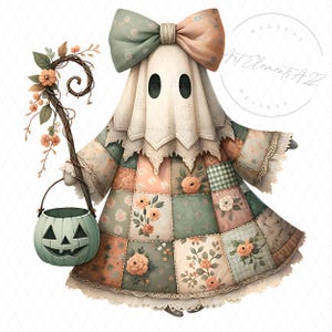 May include: A whimsical ghost figure with a patchwork dress in pastel colours, a large bow, and a carved pumpkin bucket. The ghost holds a floral staff, creating a charming Halloween or autumn-themed design.