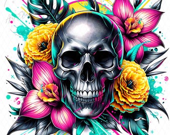 Floral Skull PNG, Flowers and Skeleton Sublimation Clipart Digital Design, Skull & Flowers, Tropical Skull Digital Download File