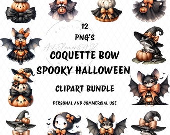 Coquette Bow Spooky Halloween Clipart Bundle, Coquette Fall Sublimation Designs, Cute Halloween Pumpkin Ghost Clip Art Bundle