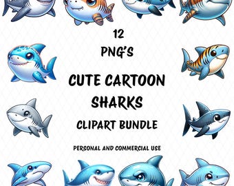 Clipartbundel schattige cartoonhaaien, 12 transparante png's, kindersticker png-ontwerpen, haaienliefhebber, kindershirt png-ontwerp