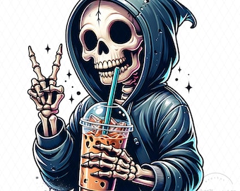 Skelett Eiskaffee PNG, Kaffee-Liebhaber-Sublimationsdesign, Halloween-Peace-Zeichen-Skelett, Goth-Grafik, digitaler Download