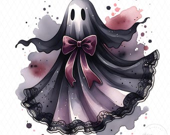 Gotiskt spöke PNG, mörk Halloween sublimeringsdesign med spets och rosett, kuslig söt digital nedladdning