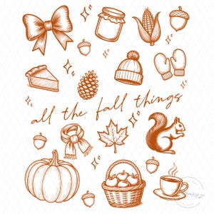 Puede incluir: Ilustraciones marrones con temática otoñal, que incluyen una calabaza, una ardilla, bellotas y una cesta de manzanas. La frase "all the fall things" está escrita en cursiva.