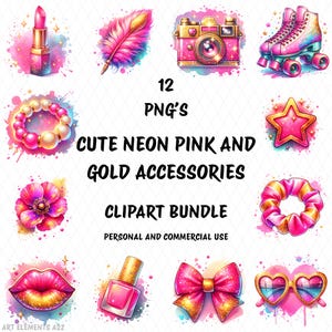 Cute Neon Pink & Gold Accessories Clipart Bundle, 12 High Quality Transparent PNGs, Personal and Commercial Use, Printables