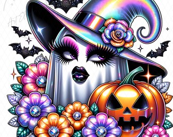 Glam Halloween Ghost PNG, Chrome Witch Hat, Glitter Bats, Bold Florals in Pastel Tones, Girly Halloween Shirt Design, Glam Ghost Sublimation