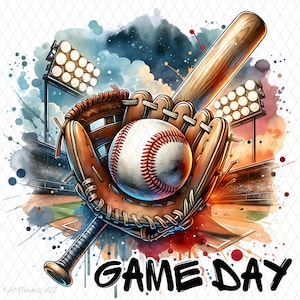 Peut inclure: Une illustration aquarelle d'un gant de baseball, d'une batte et d'une balle avec un stade de baseball en arrière-plan. Le texte "GAME DAY" est écrit en lettres noires en bas de l'image.