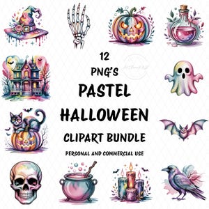 Pastel Halloween Clipart Bundle, 12 High Quality Transparent PNGs, Soft Watercolor Spooky Elements, Cute Halloween Sublimation Designs