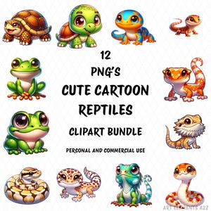 Puede incluir: Un conjunto de 12 imágenes de clipart de reptiles de dibujos animados. Las imágenes incluyen una tortuga verde, una rana verde, una tortuga marrón, una iguana verde, un lagarto marrón, un lagarto rojo y amarillo, una serpiente marrón, una serpiente verde, una serpiente amarilla, un dragón barbudo marrón, un gecko rojo y amarillo y un gecko verde. Las imágenes están todas en un estilo de dibujos animados y son perfectas para usar en proyectos digitales.