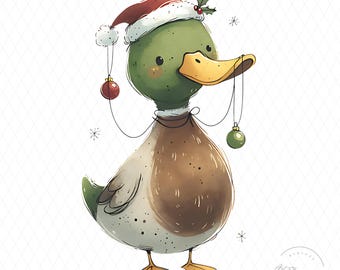 Mallard Duck Christmas PNG, Cute Holiday Duck Clipart, Whimsical Mallard With Ornaments PNG, Funny Christmas Animal, Digital Download